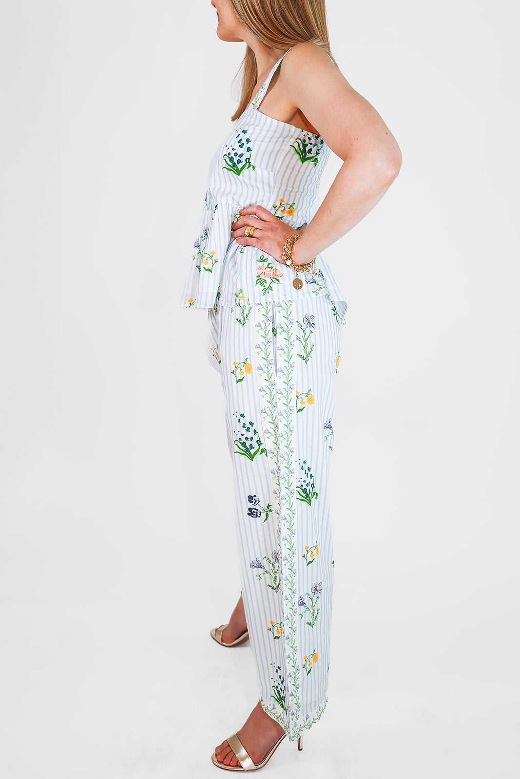 model in floral pants