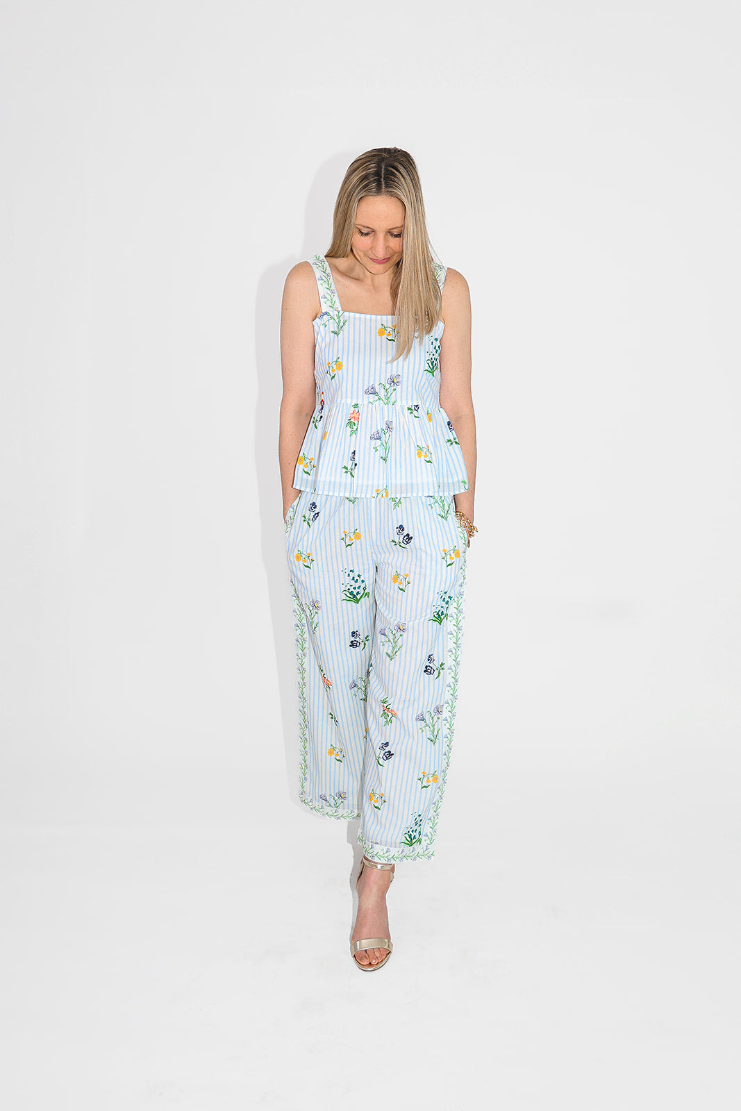 model in floral pants