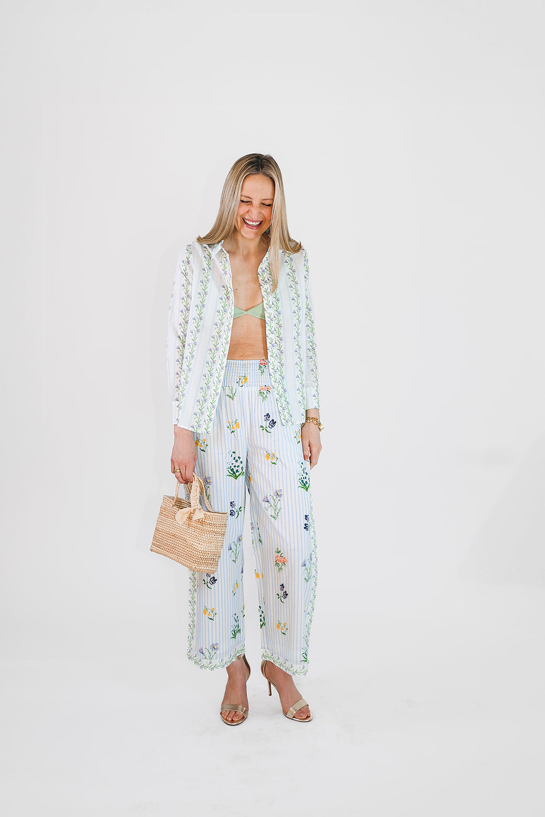 model in floral pants