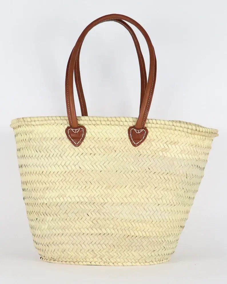 STRAW BAG Handmade with leather, French Market Basket