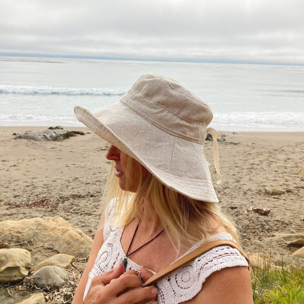Linen Wide Brim Sun Hat with Tie - Beige