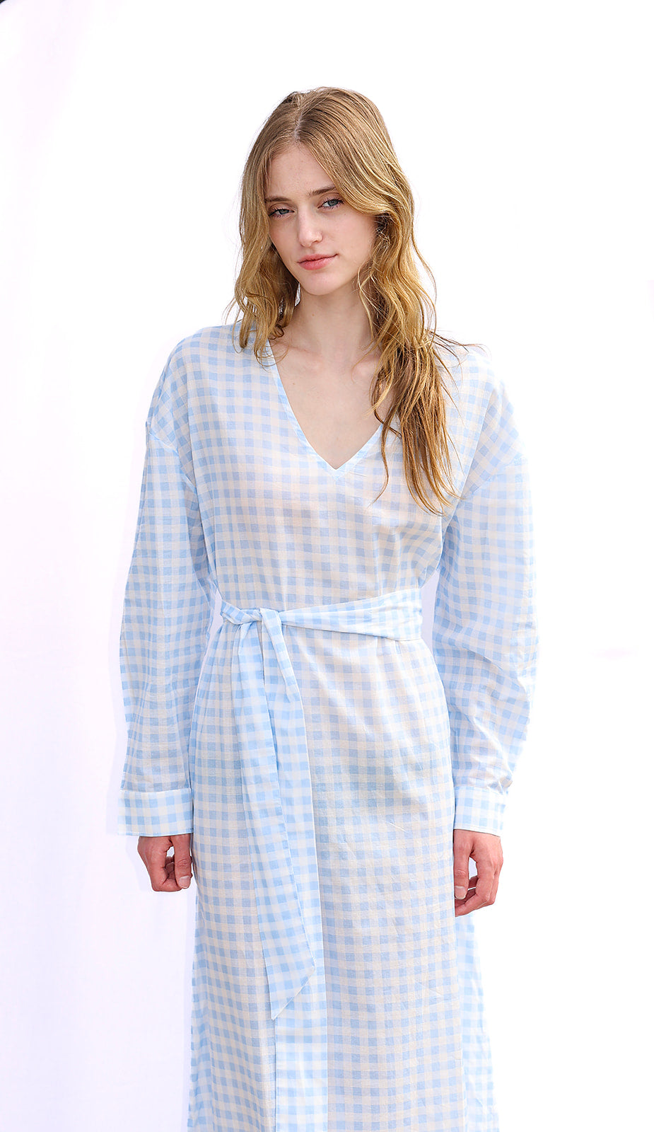 Gingham Cotton Kaftan in Light Blue