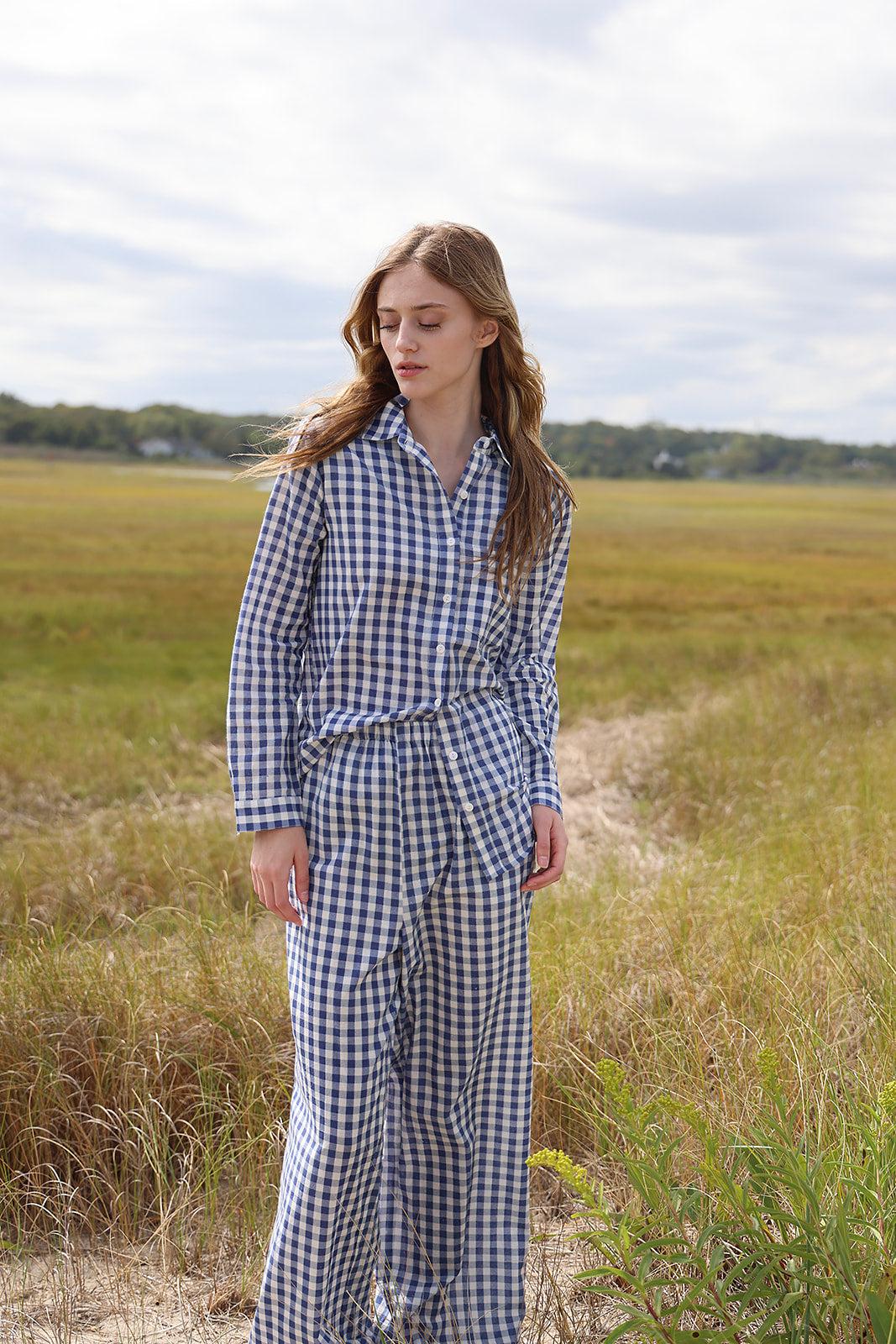 Gingham Cotton Lounge Set - Navy Blue