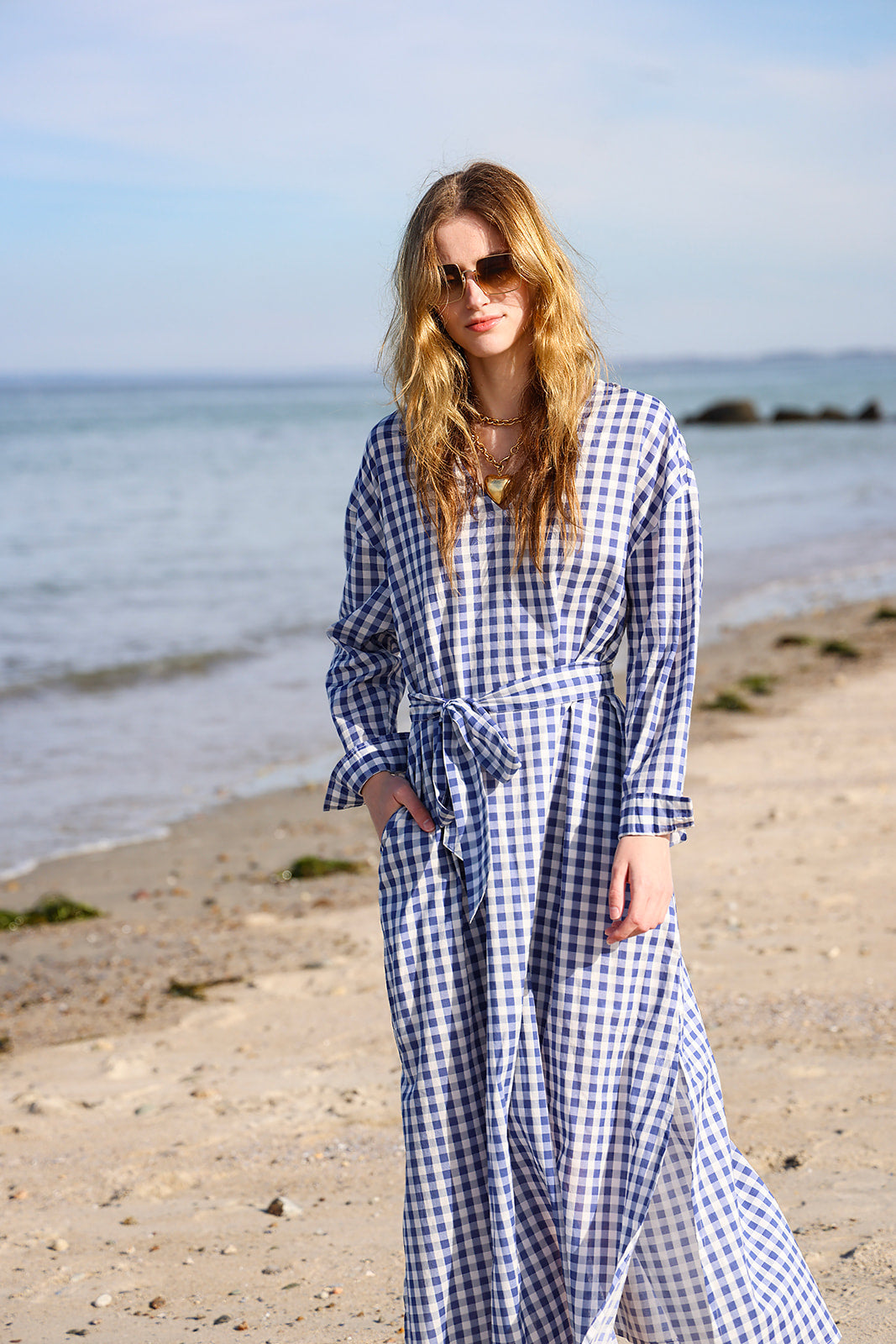 Gingham Cotton Kaftan in Navy Blue