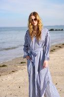 Gingham Cotton Kaftan in Navy Blue