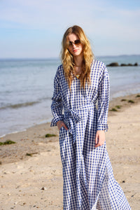 Gingham Cotton Kaftan in Navy Blue