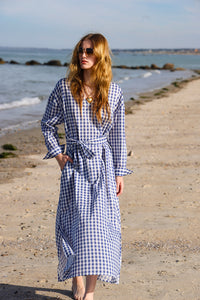 Gingham Cotton Kaftan in Navy Blue