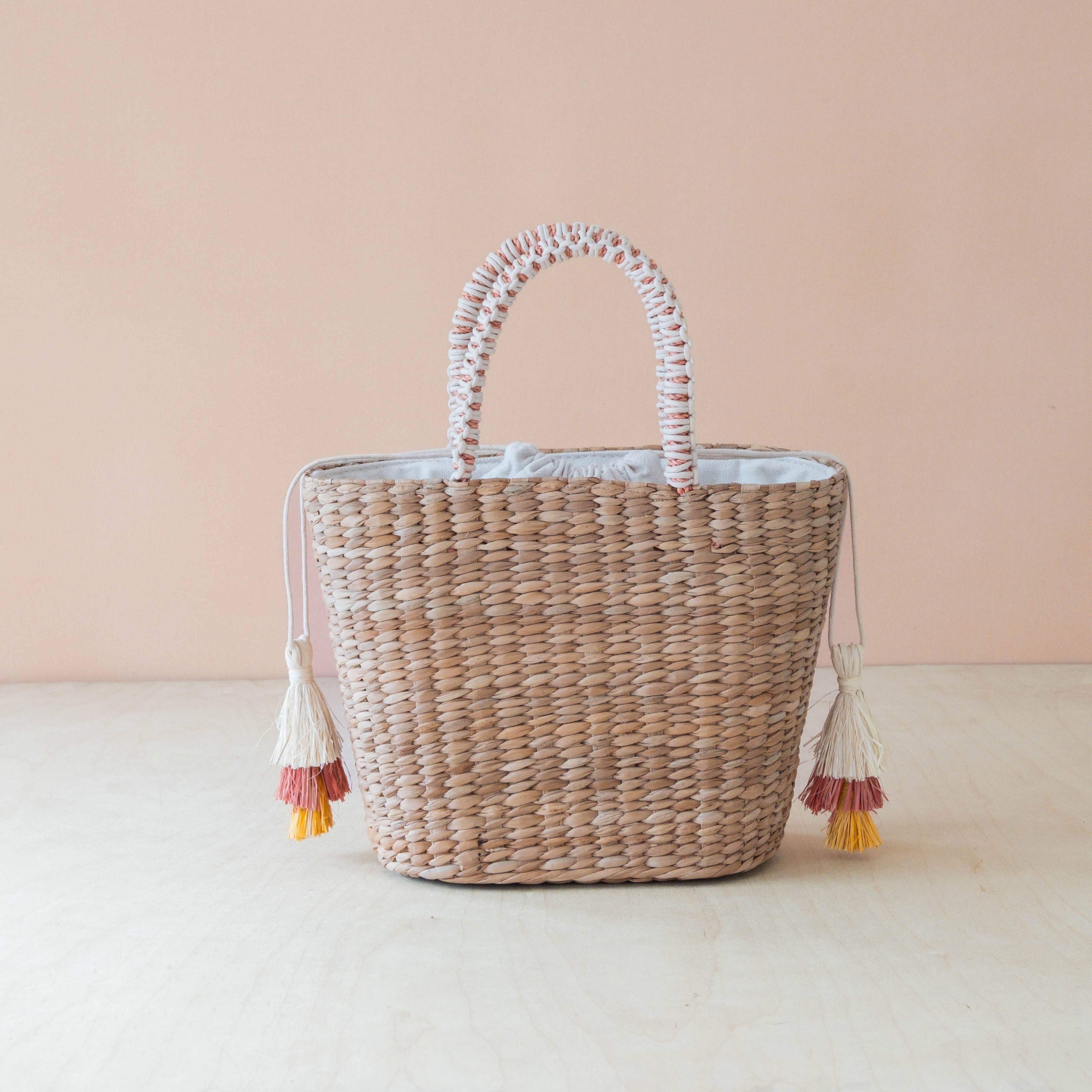 Mini Woven Tote Bag with Embroidered Cocktail – Handcrafted Straw Tote