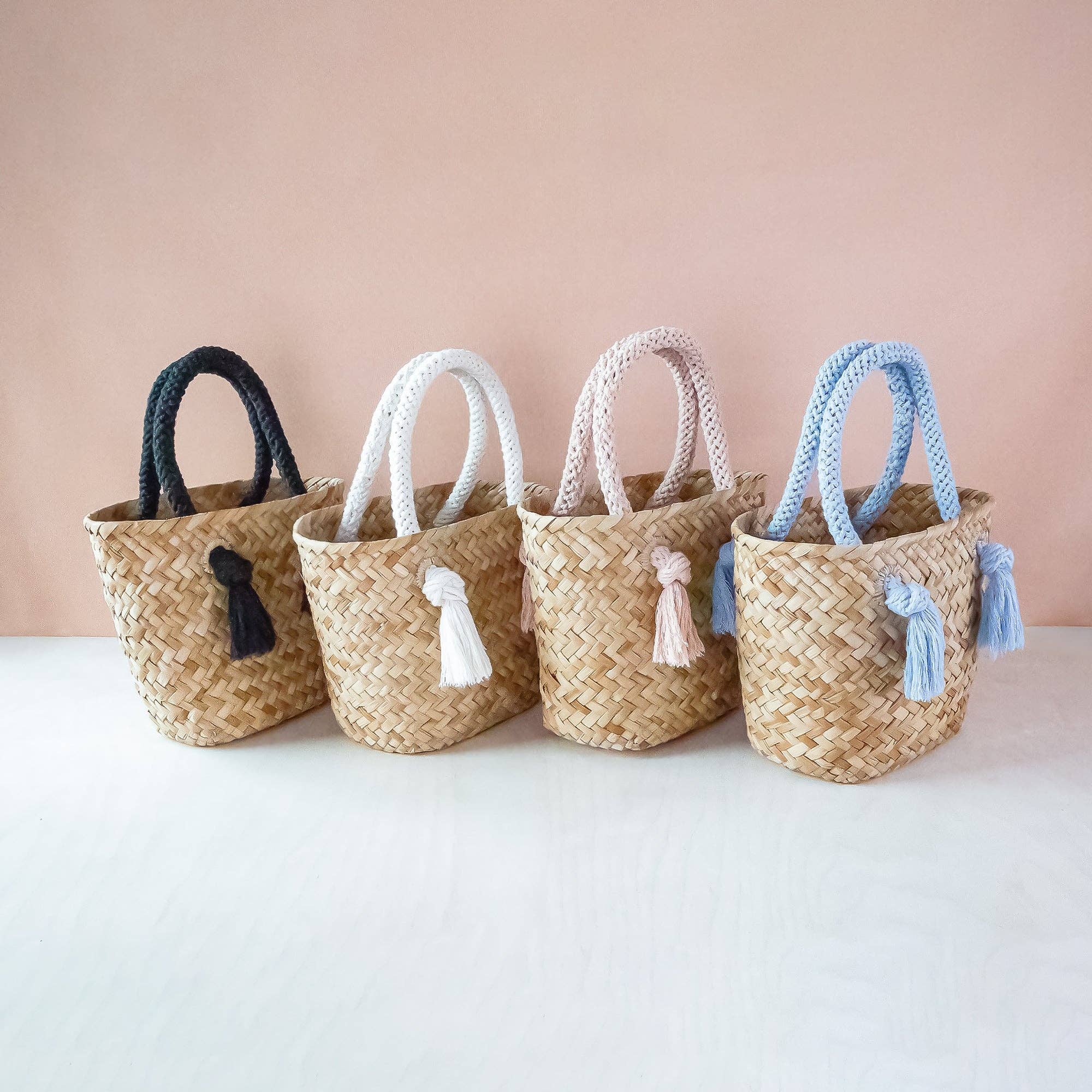 Powder Blue Small Seagrass Tote Bag with Wrapped Handles - Market Tote