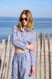 Gingham Cotton Lounge Set - Navy Blue