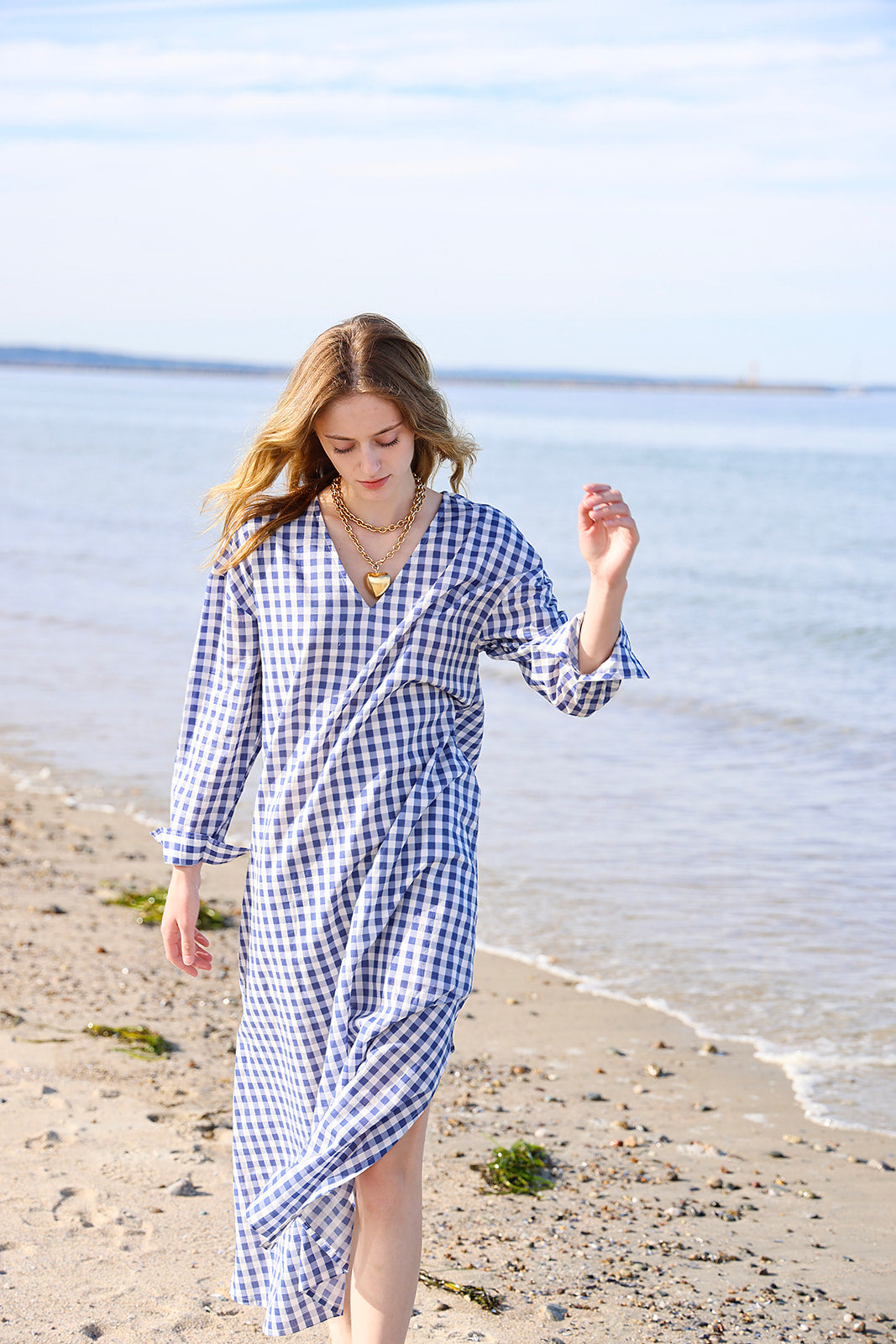 Gingham Cotton Kaftan in Navy Blue