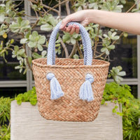 Powder Blue Small Seagrass Tote Bag with Wrapped Handles - Market Tote