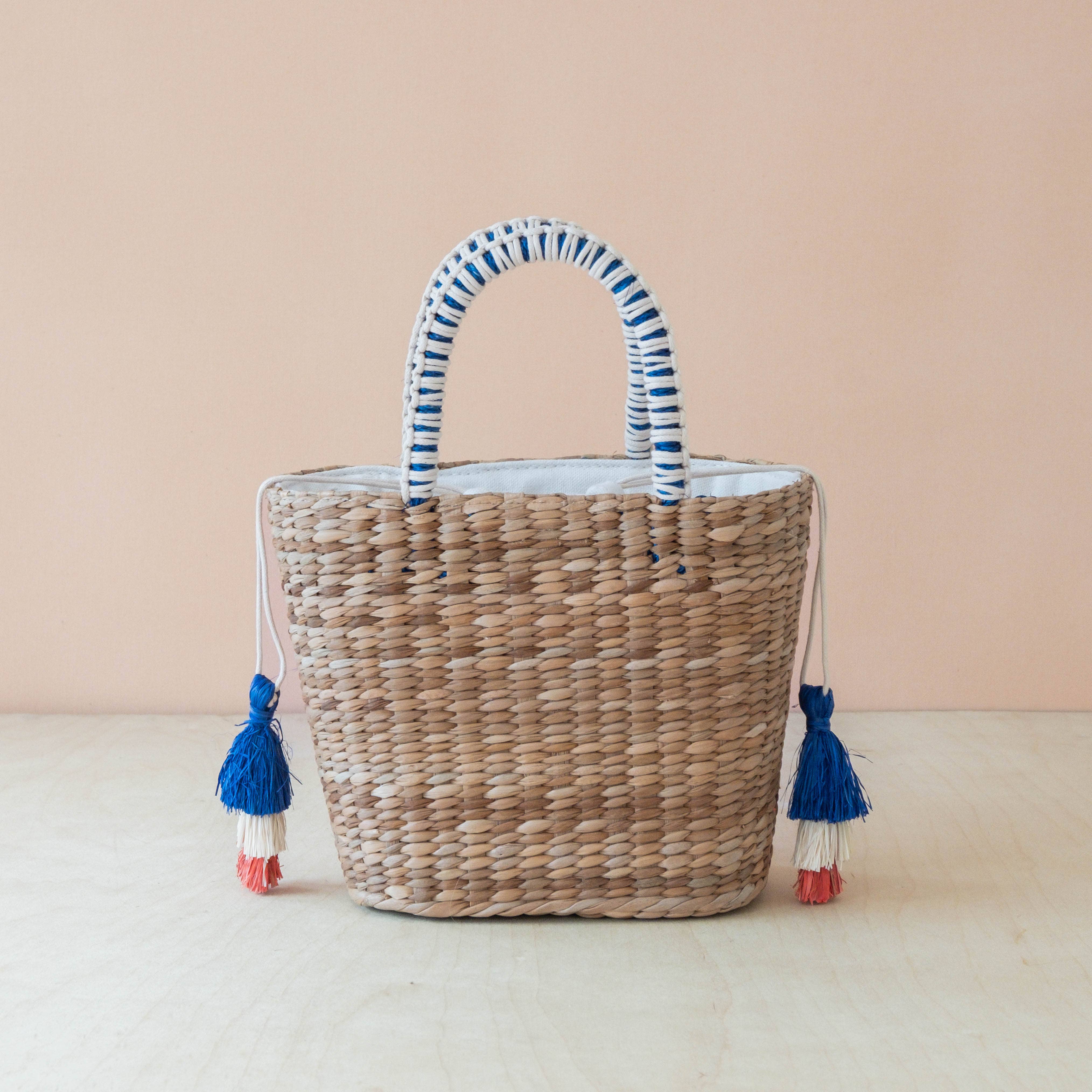 Mini Woven Tote Bag with Embroidered Bonjour – Handwoven Beach Tote