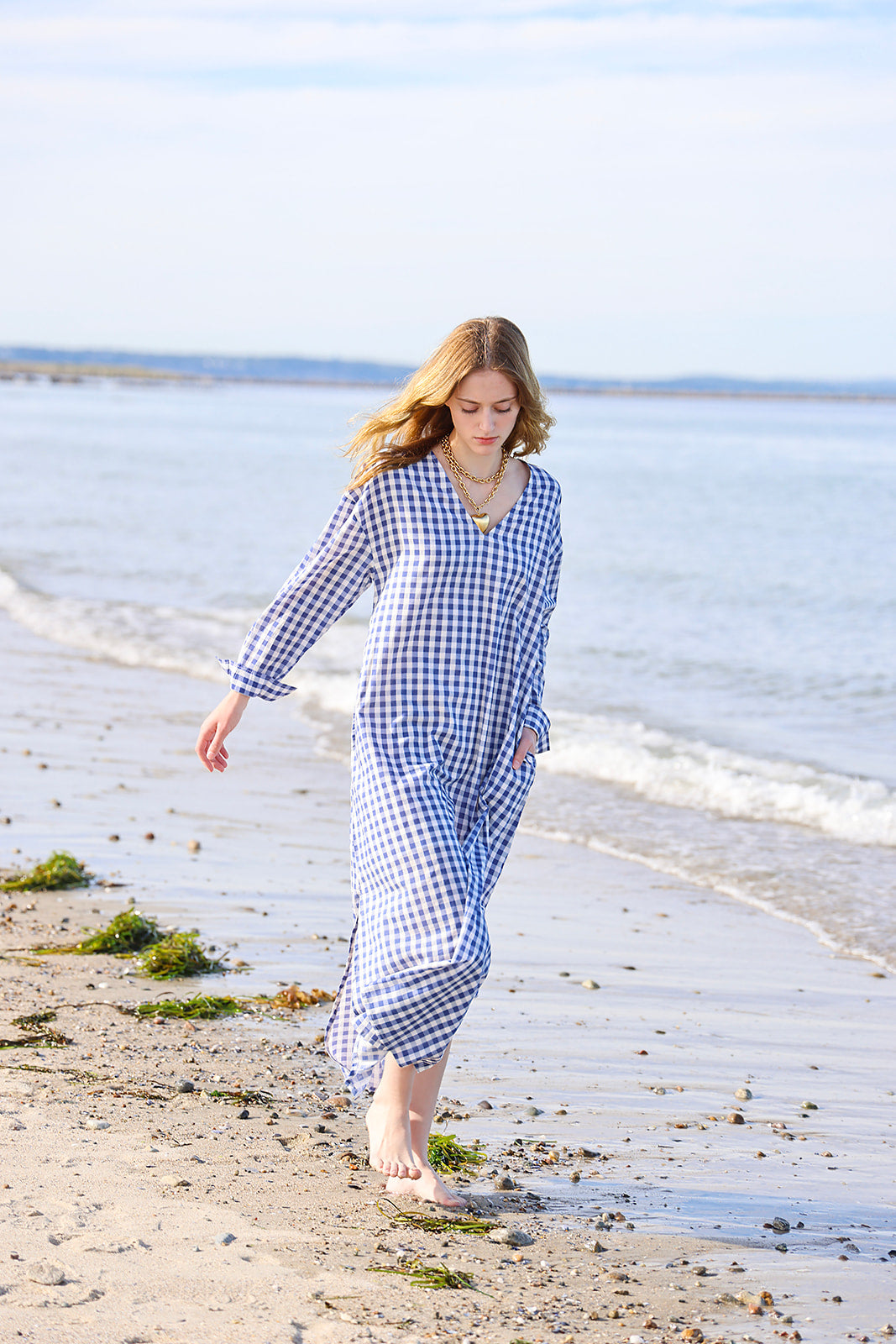 Gingham Cotton Kaftan in Navy Blue