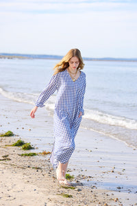 Gingham Cotton Kaftan in Navy Blue
