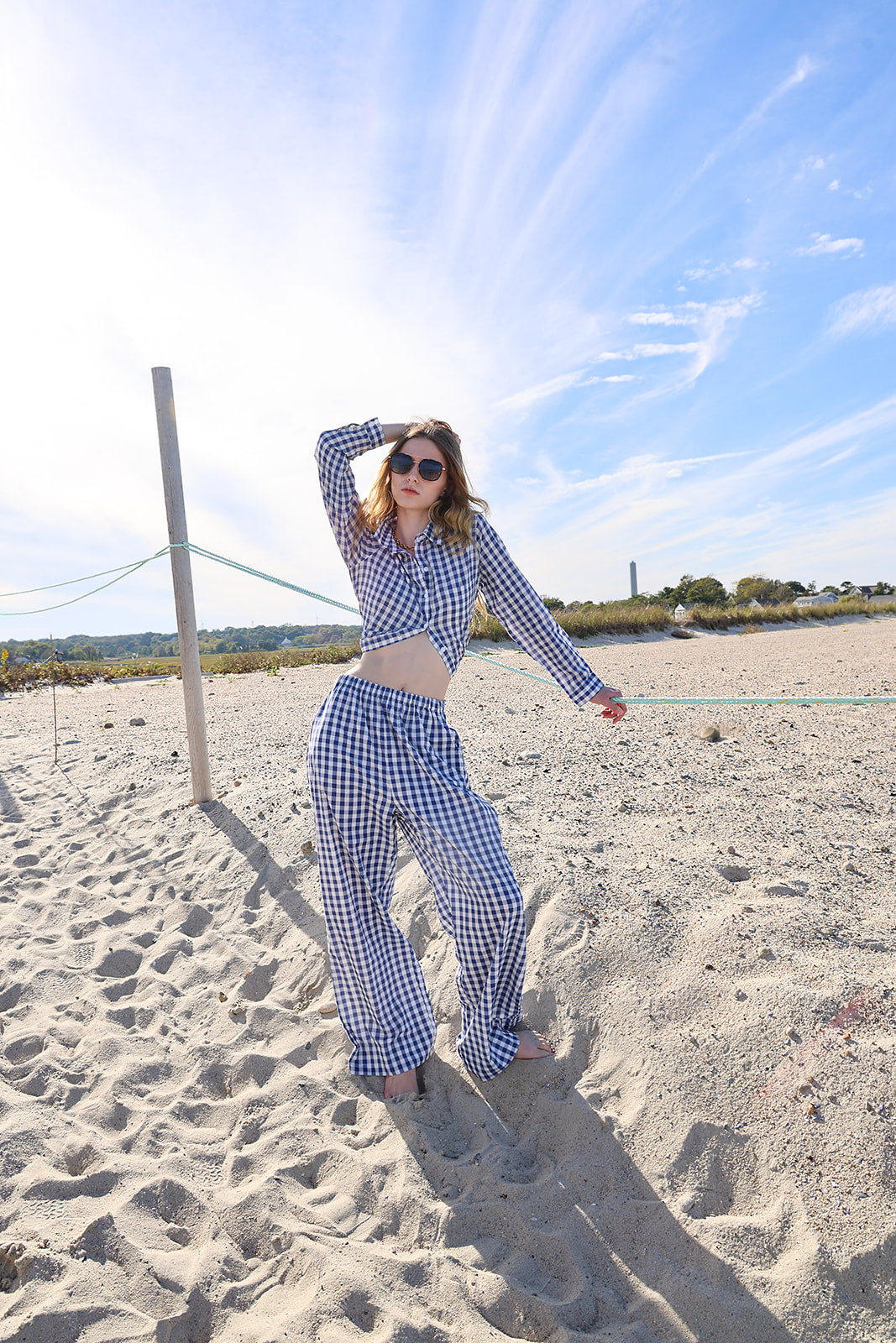 Gingham Cotton Lounge Set - Navy Blue