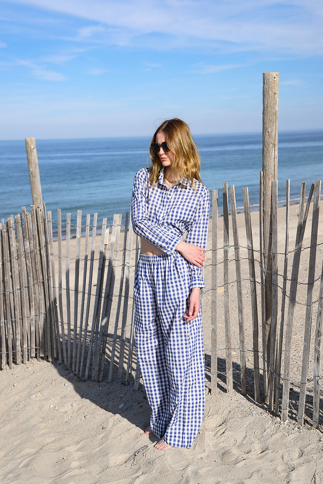 Gingham Cotton Lounge Set - Navy Blue