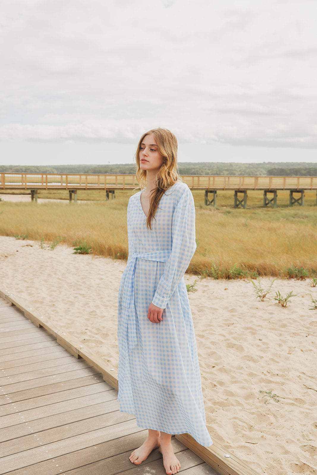 Gingham Cotton Kaftan in Light Blue