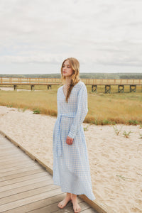 Gingham Cotton Kaftan in Light Blue