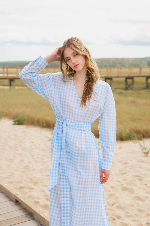 Gingham Cotton Kaftan in Light Blue