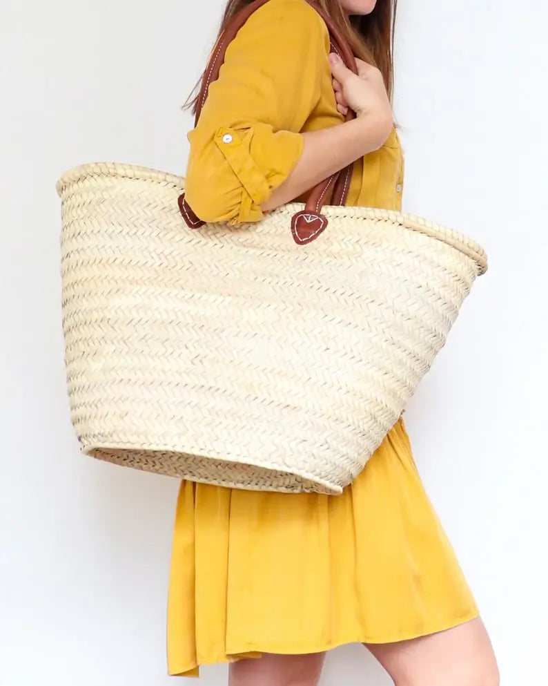 STRAW BAG Handmade with leather, French Market Basket