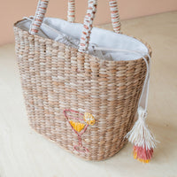 Mini Woven Tote Bag with Embroidered Cocktail – Handcrafted Straw Tote