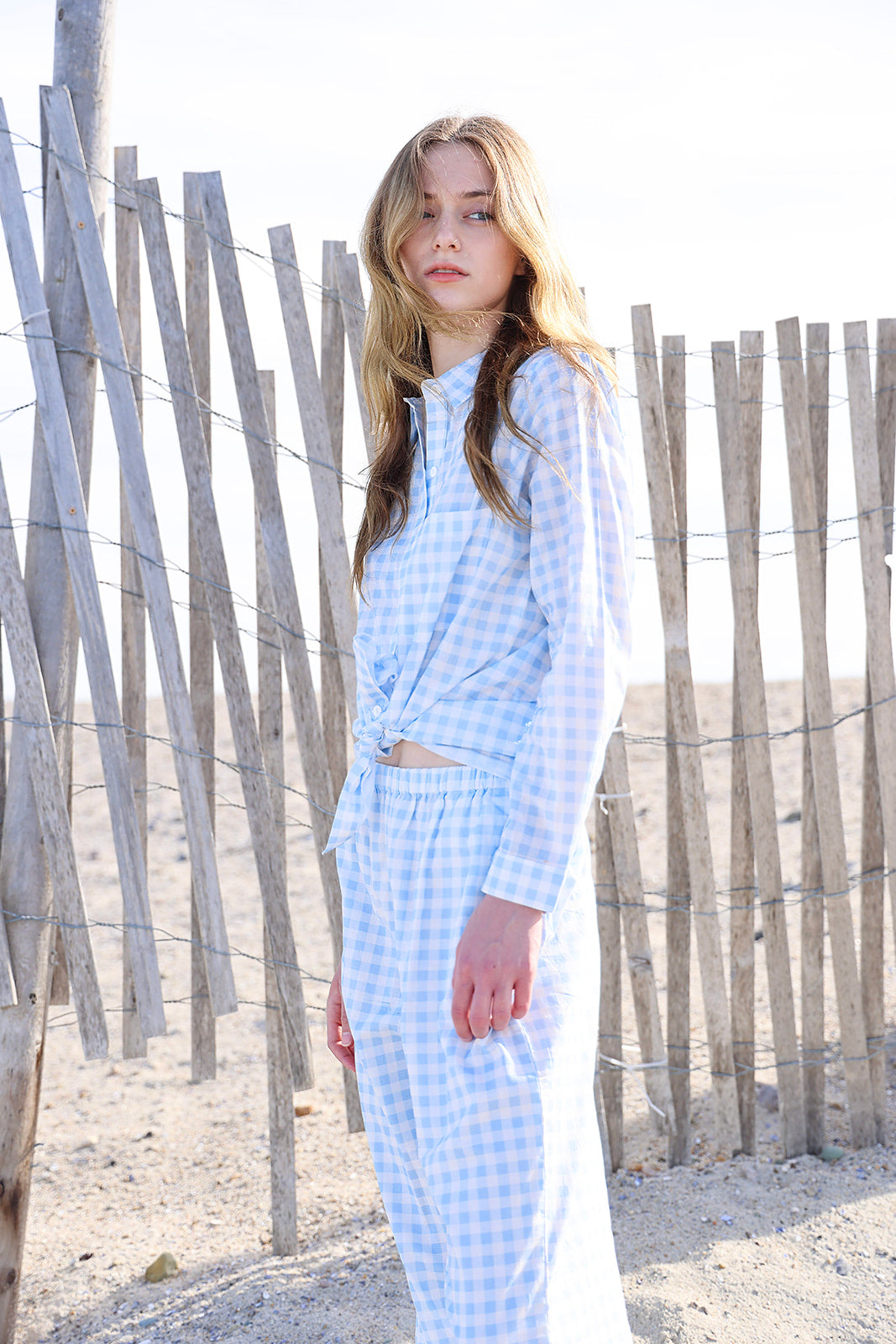 Gingham Cotton Lounge Set - Light Blue