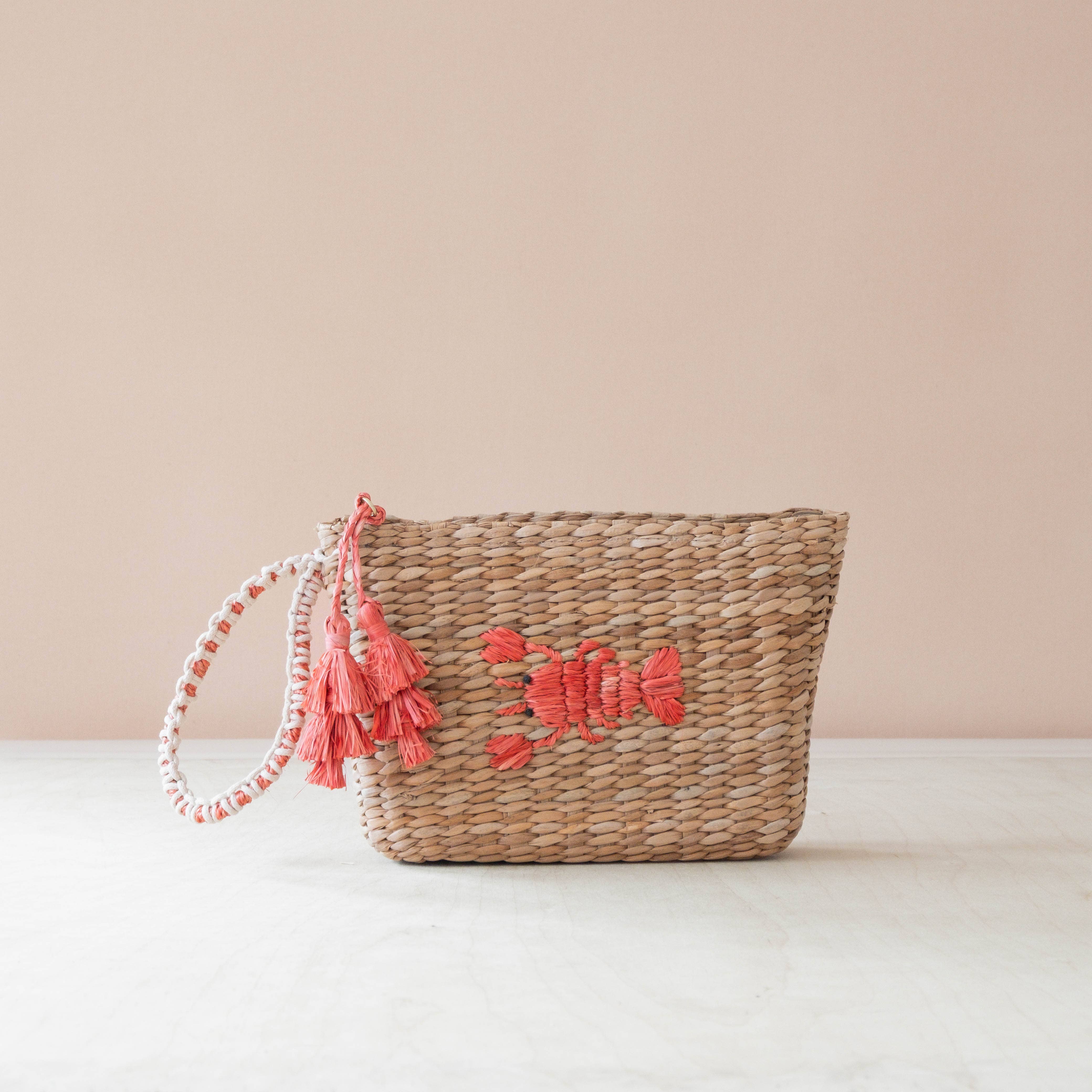 Mini Woven Pouch with Wristlet and Embroidered Lobster – Artisan Wristlet