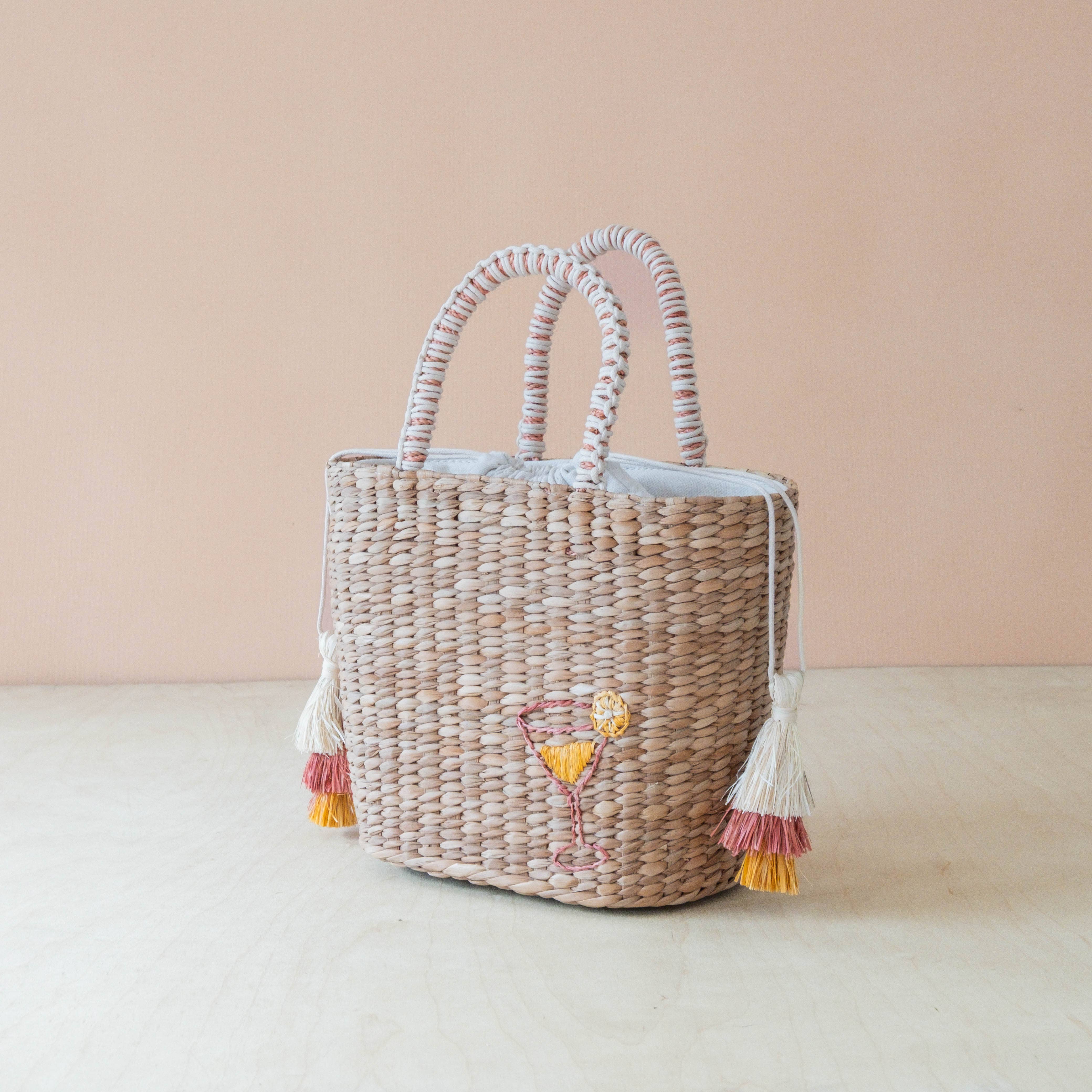 Mini Woven Tote Bag with Embroidered Cocktail – Handcrafted Straw Tote