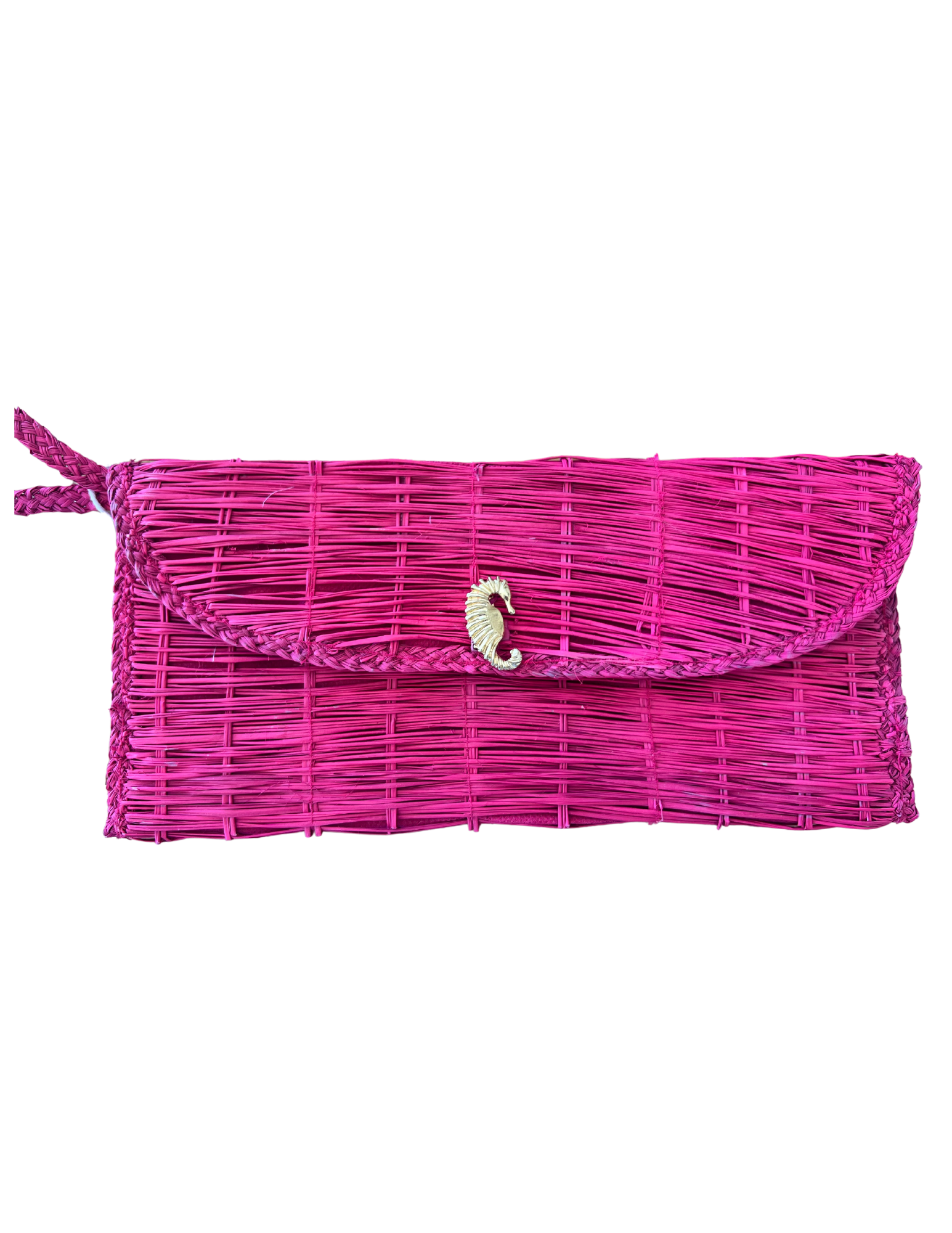 Pink woven clutch with seahorse