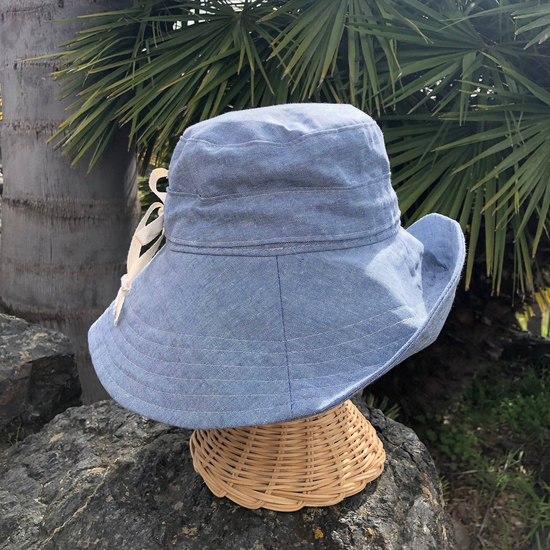 Linen Wide Brim Sun Hat with Tie - Sky Blue