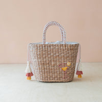 Mini Woven Tote Bag with Embroidered Cocktail – Handcrafted Straw Tote