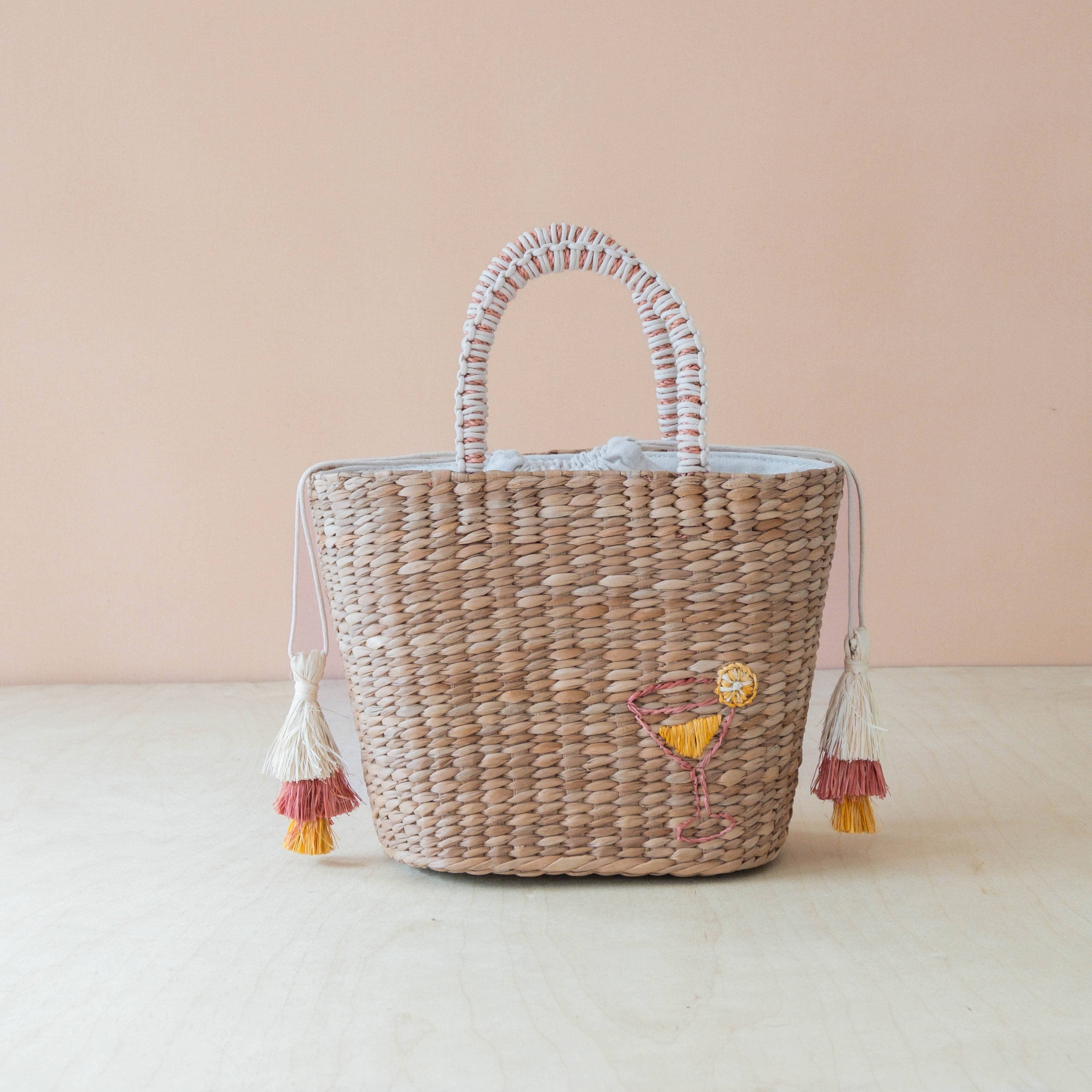 Mini Woven Tote Bag with Embroidered Cocktail – Handcrafted Straw Tote