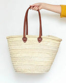 STRAW BAG Handmade with leather, French Market Basket