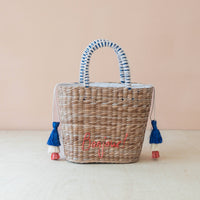 Mini Woven Tote Bag with Embroidered Bonjour – Handwoven Beach Tote