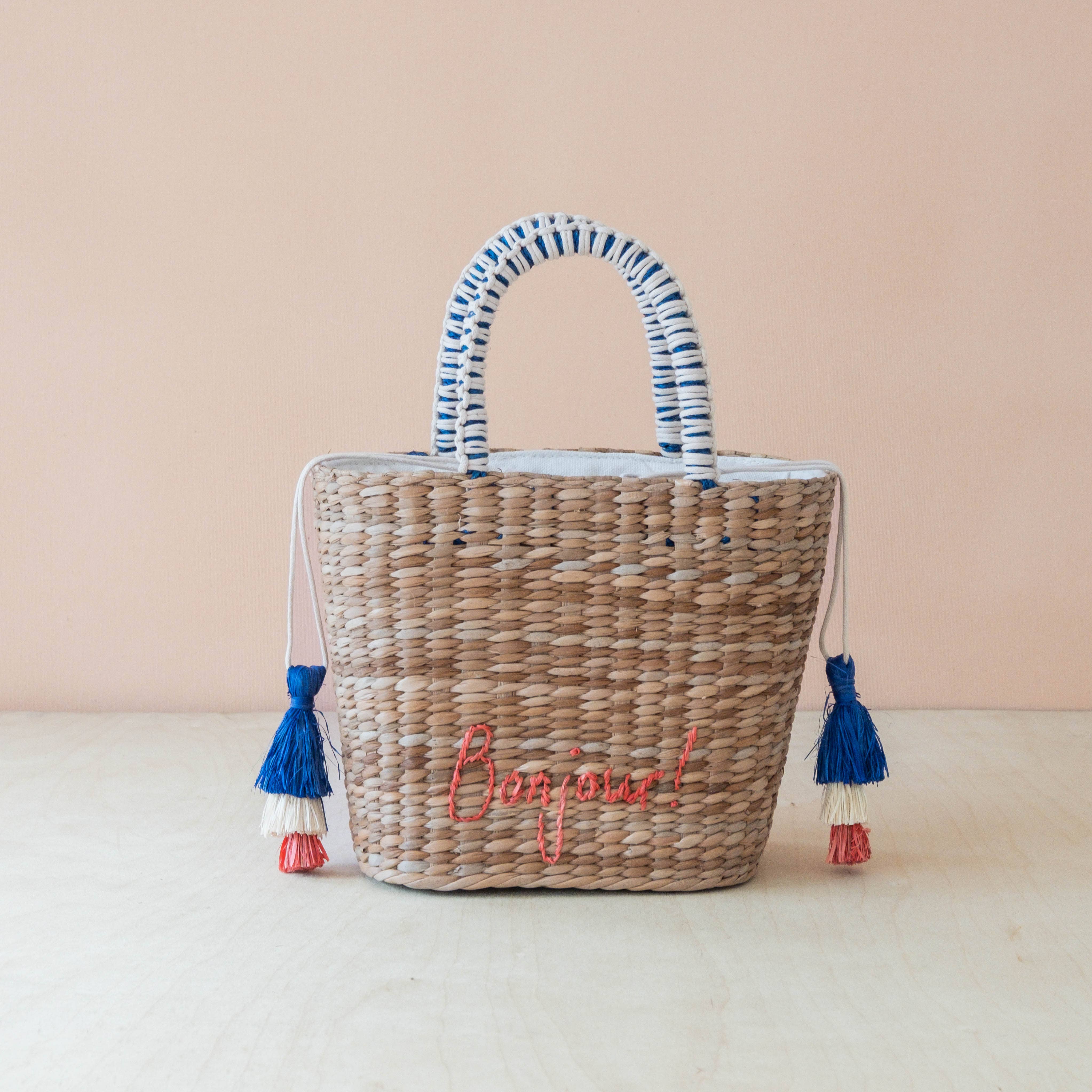 Mini Woven Tote Bag with Embroidered Bonjour – Handwoven Beach Tote