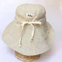 Linen Wide Brim Sun Hat with Tie - Beige