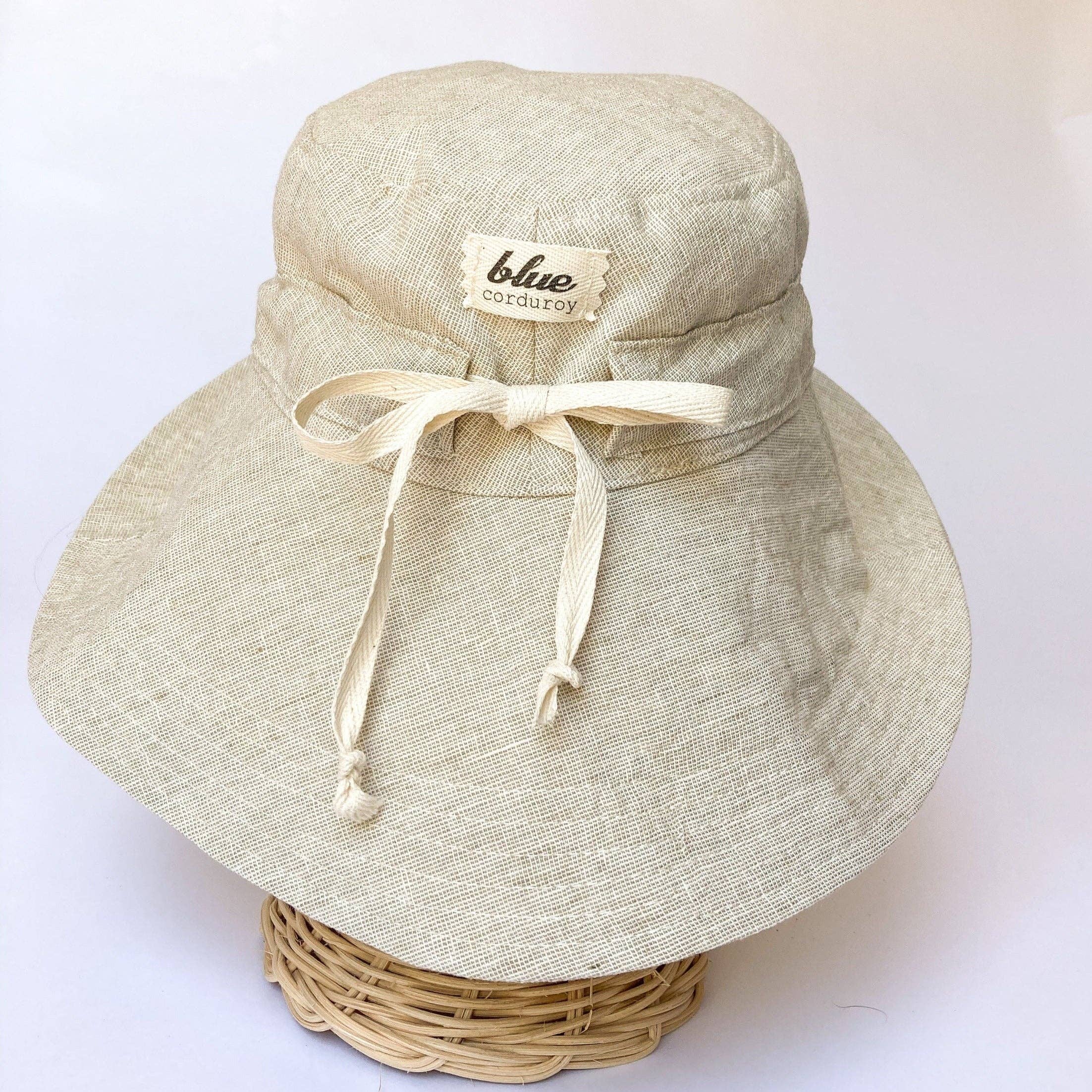 Linen Wide Brim Sun Hat with Tie - Beige