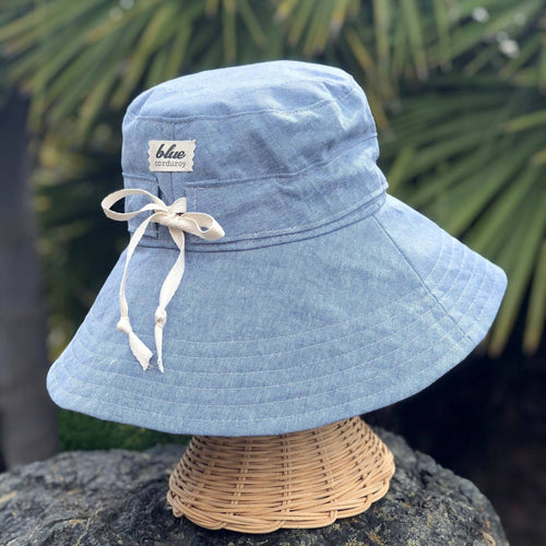 Linen Wide Brim Sun Hat with Tie - Sky Blue