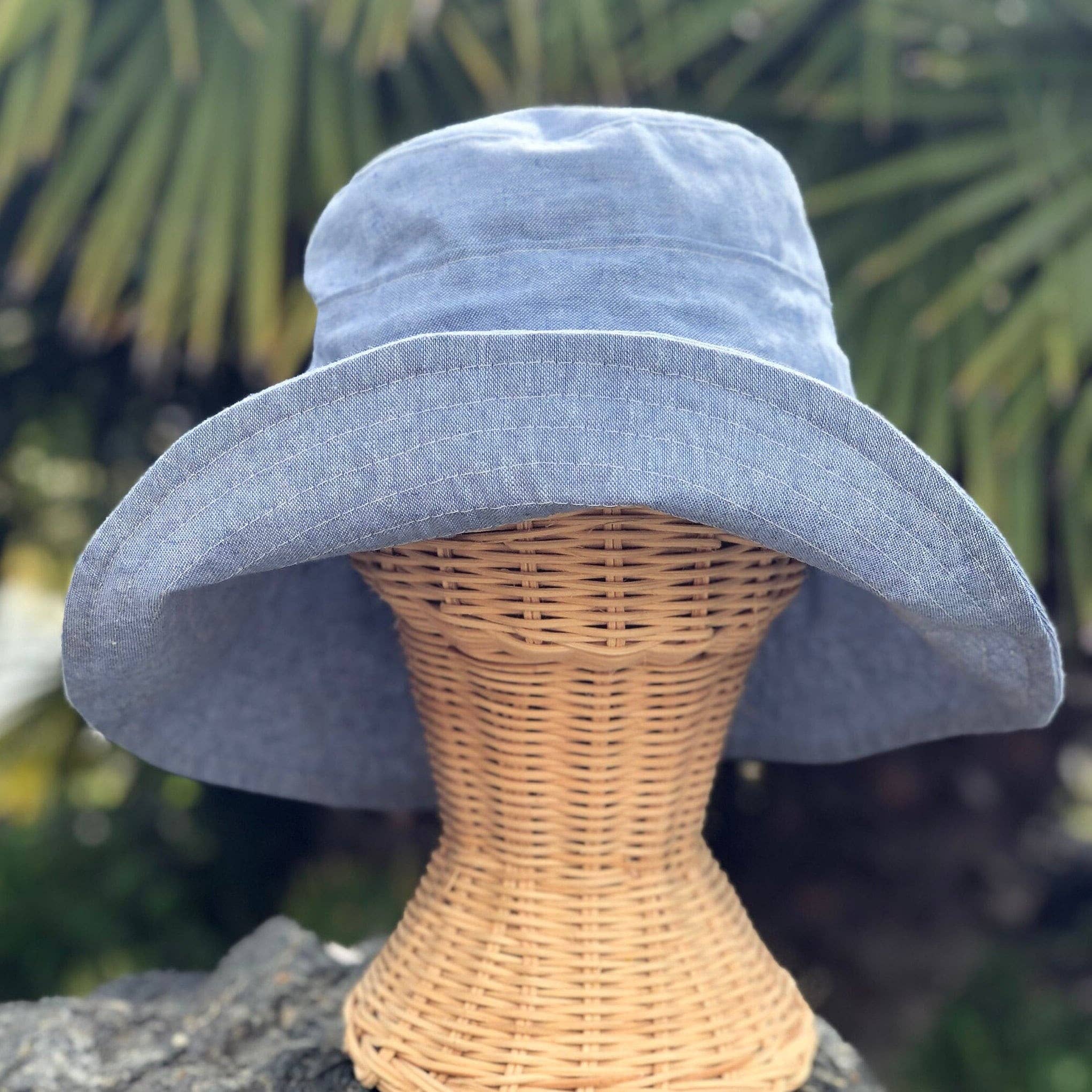Linen Wide Brim Sun Hat with Tie - Sky Blue