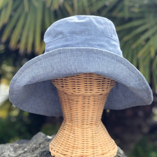 Linen Wide Brim Sun Hat with Tie - Sky Blue