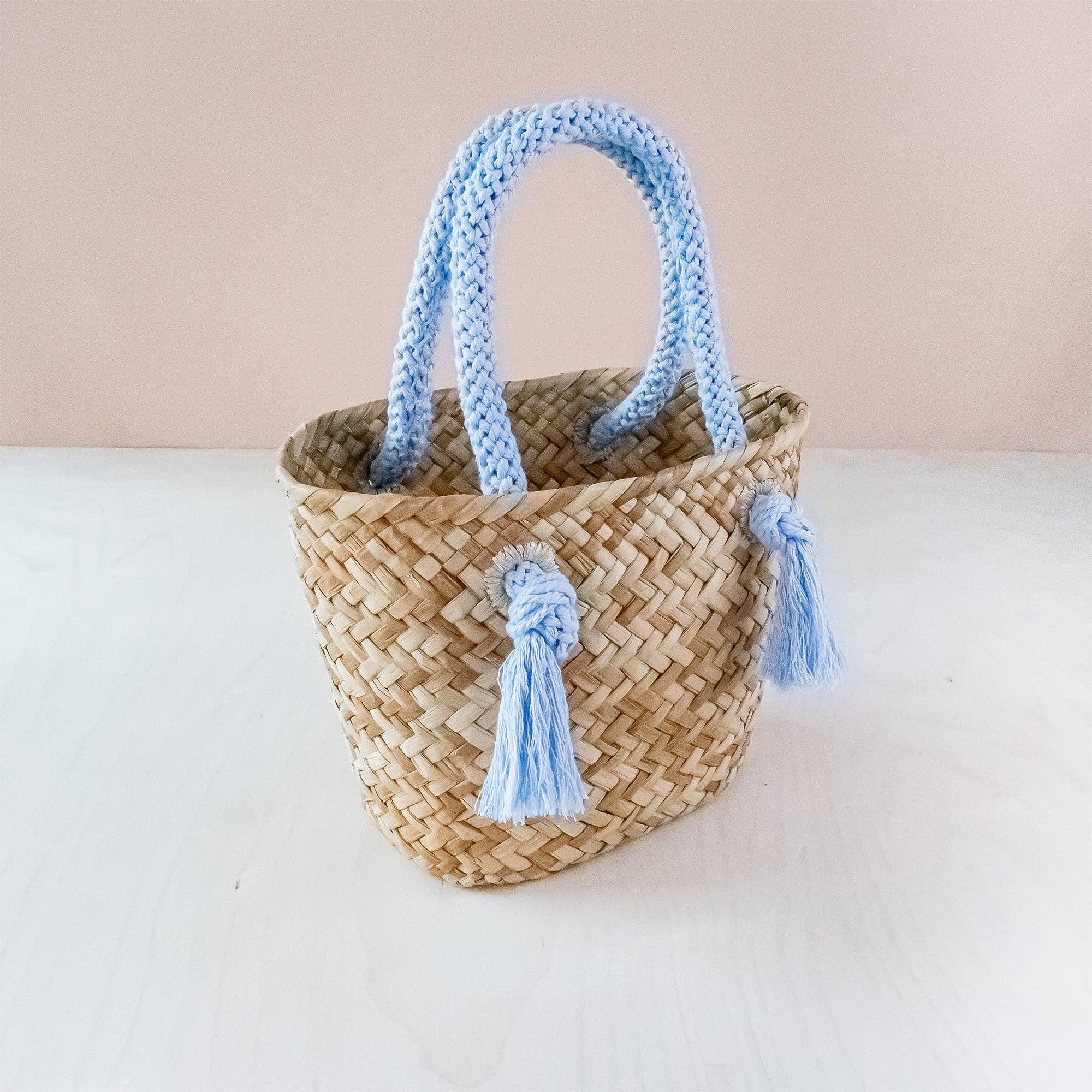 Powder Blue Small Seagrass Tote Bag with Wrapped Handles - Market Tote