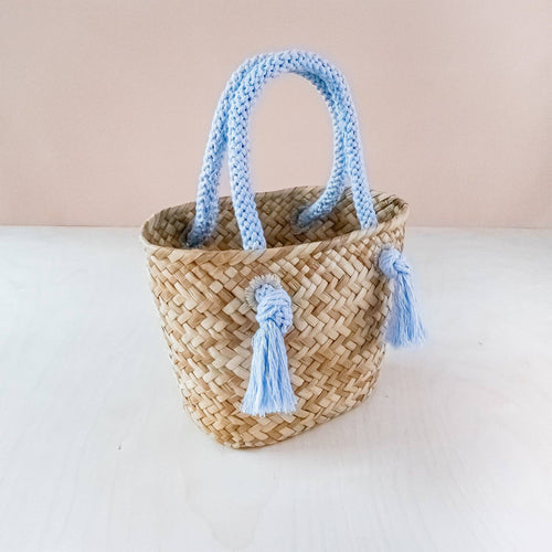 Powder Blue Small Seagrass Tote Bag with Wrapped Handles - Market Tote