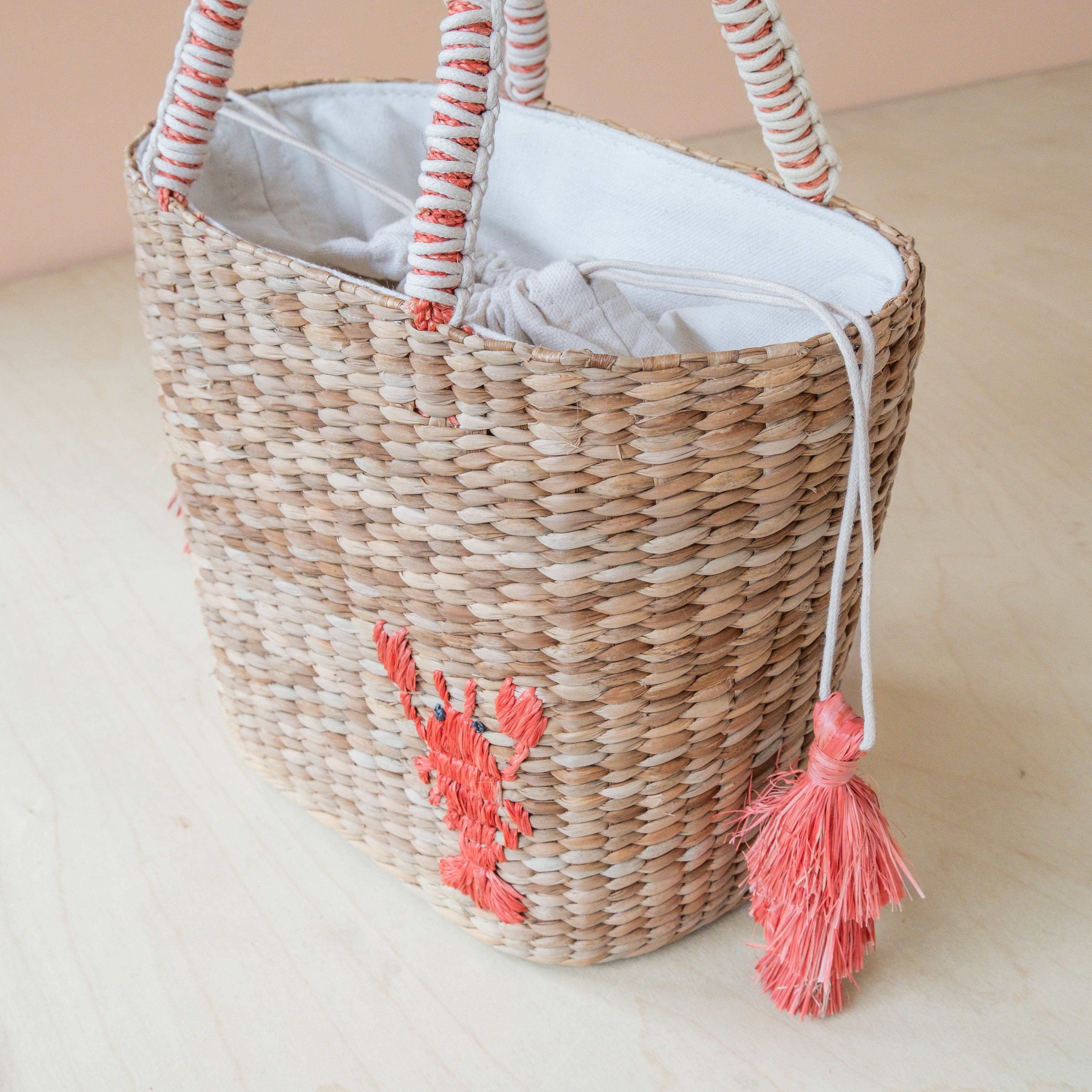 Mini Woven Tote Bag with Embroidered Lobster – Handwoven Tote