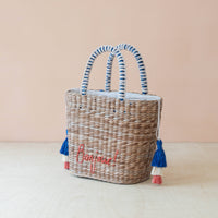 Mini Woven Tote Bag with Embroidered Bonjour – Handwoven Beach Tote