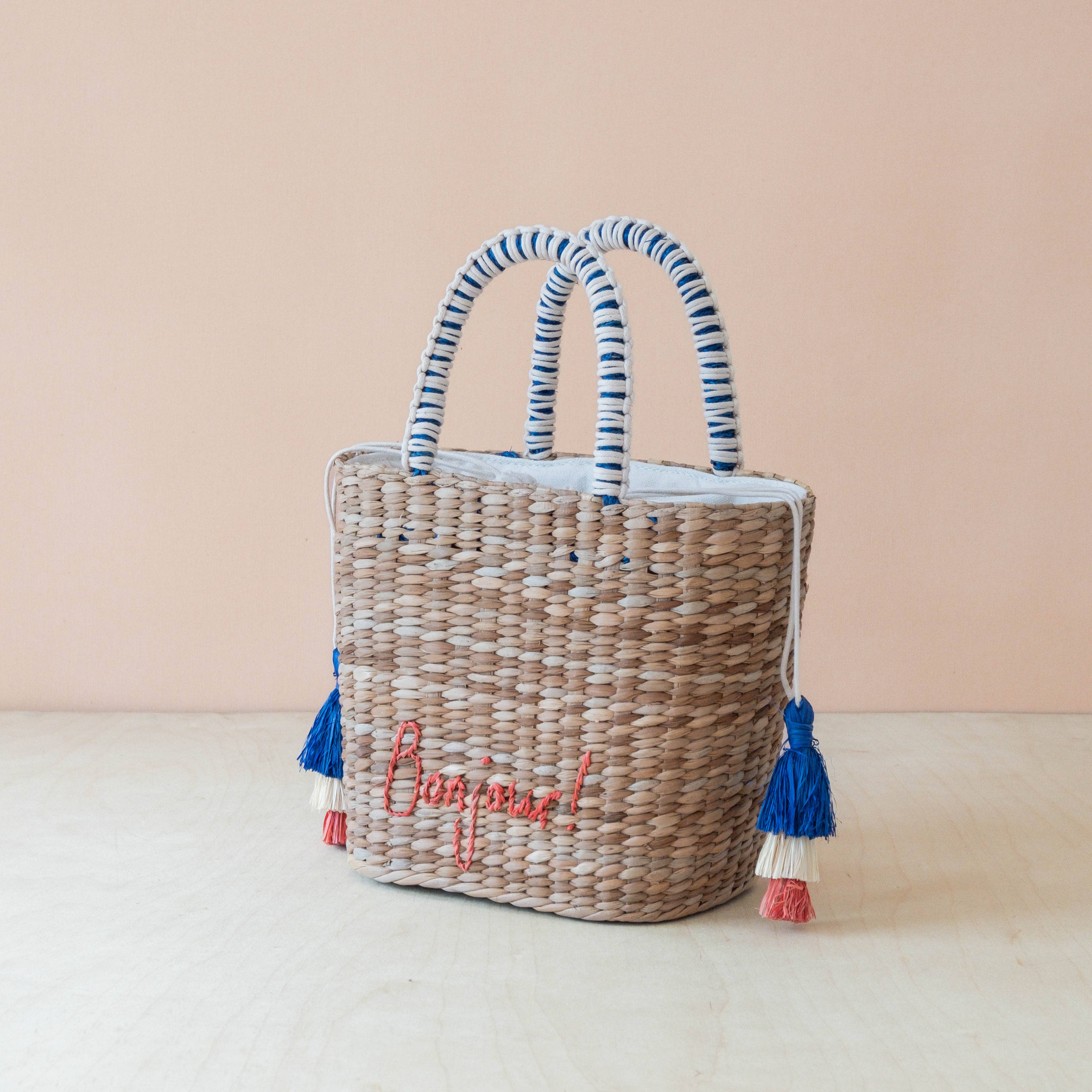 Mini Woven Tote Bag with Embroidered Bonjour – Handwoven Beach Tote