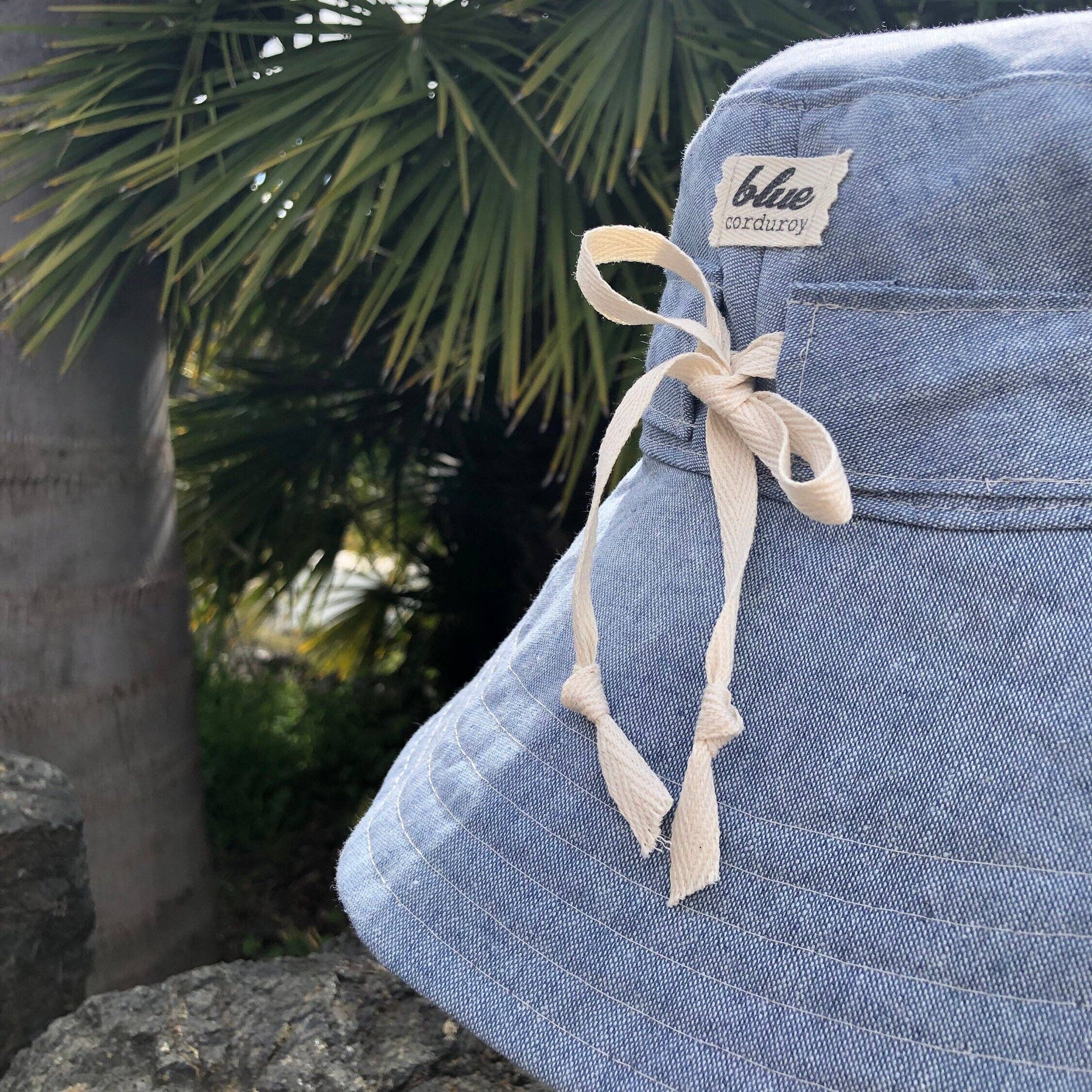 Linen Wide Brim Sun Hat with Tie - Sky Blue