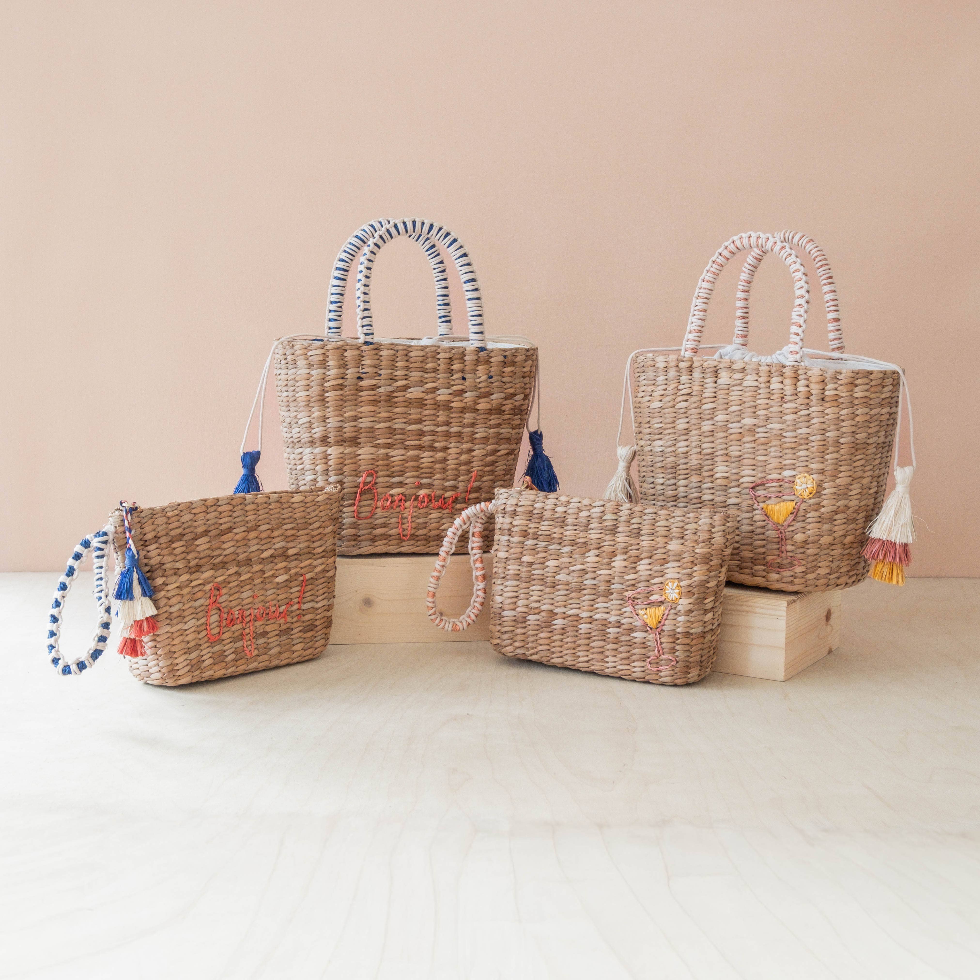 Mini Woven Tote Bag with Embroidered Cocktail – Handcrafted Straw Tote