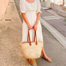 STRAW BAG Handmade with leather, French Market Basket