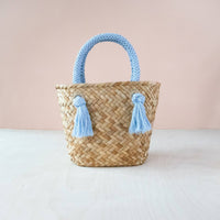 Powder Blue Small Seagrass Tote Bag with Wrapped Handles - Market Tote